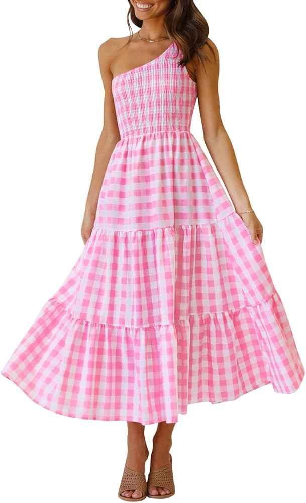 ZCSIA Women's Summer Boho One Shoulder Sleeveless Solid Color Ruffle Beach Party Tiered Midi Dress | Amazon (US)