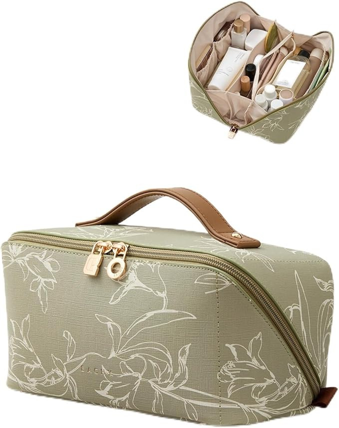 EACHY Travel Makeup Bag,Large Capacity Cosmetic Bags for Women,Waterproof Portable Pouch Open Fla... | Amazon (US)