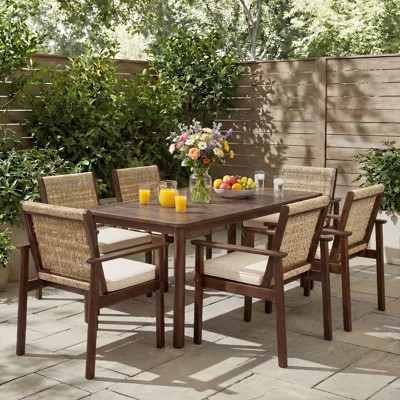 Ullman 7-Piece Outdoor Modern Coastal Acacia Wood Dining Set With Wicker Chairs And Cushions | Wayfair North America