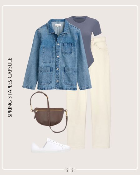 Spring Staples Capsule Wardrobe outfit idea | white jeans, denim jacket, bodysuit, hands free sling bag, white sneakers 

See the entire staples capsule on thesarahstories.com ✨ 


#LTKstyletip
