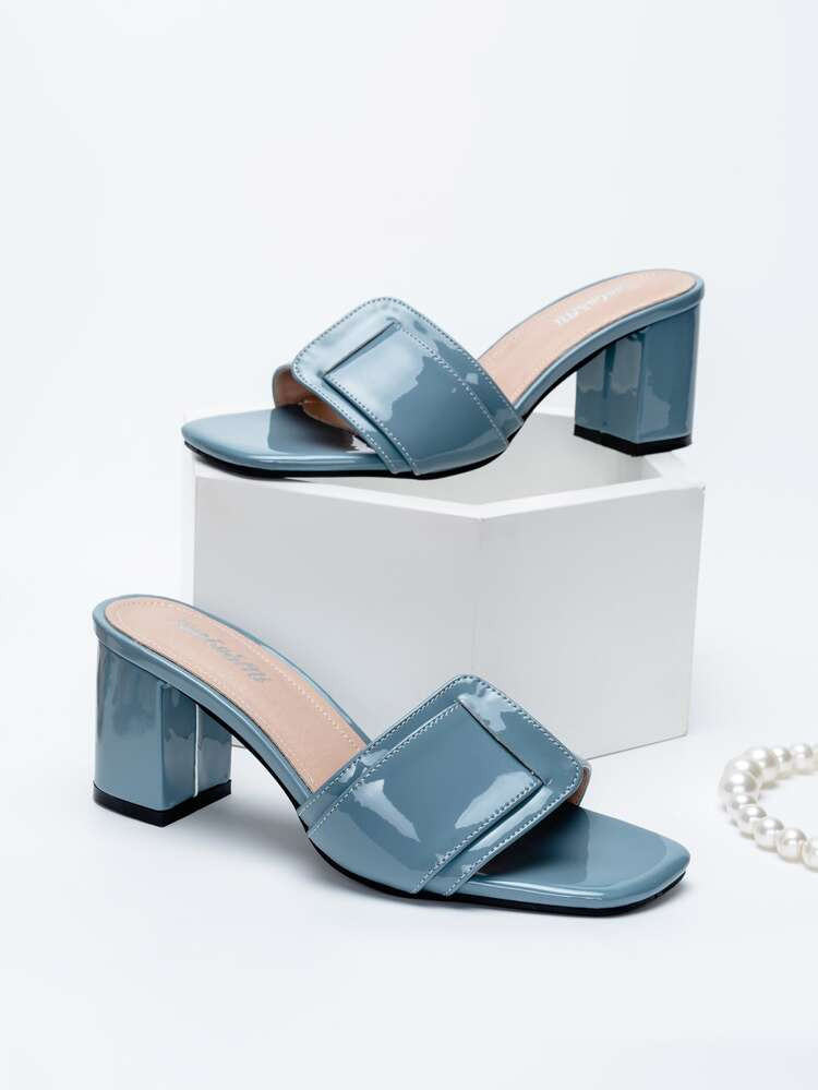 Women Stitch Detail Chunky Heeled Mule Sandals, Fashionable Outdoor Blue Heeled Sandals | SHEIN