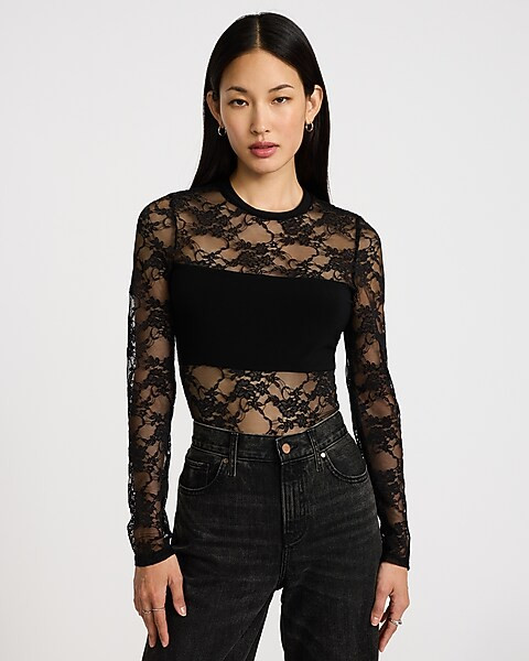 Lace Pieced Long Sleeve Tee | Express