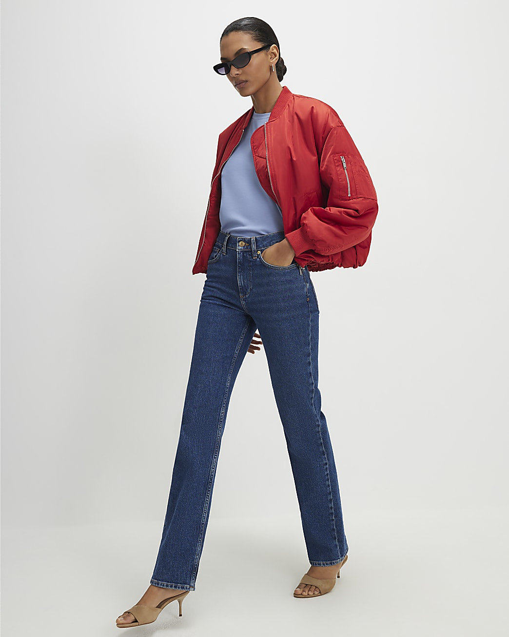 Red Oversized Ruched Hem Bomber Jacket | River Island UK & IE