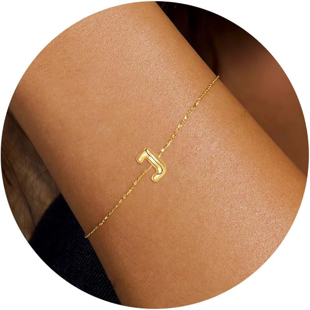 Gold Bubble Initial Chain Bracelets, 14K Gold Plated Balloon Letter Chain Bracelets Jewelry for W... | Amazon (US)