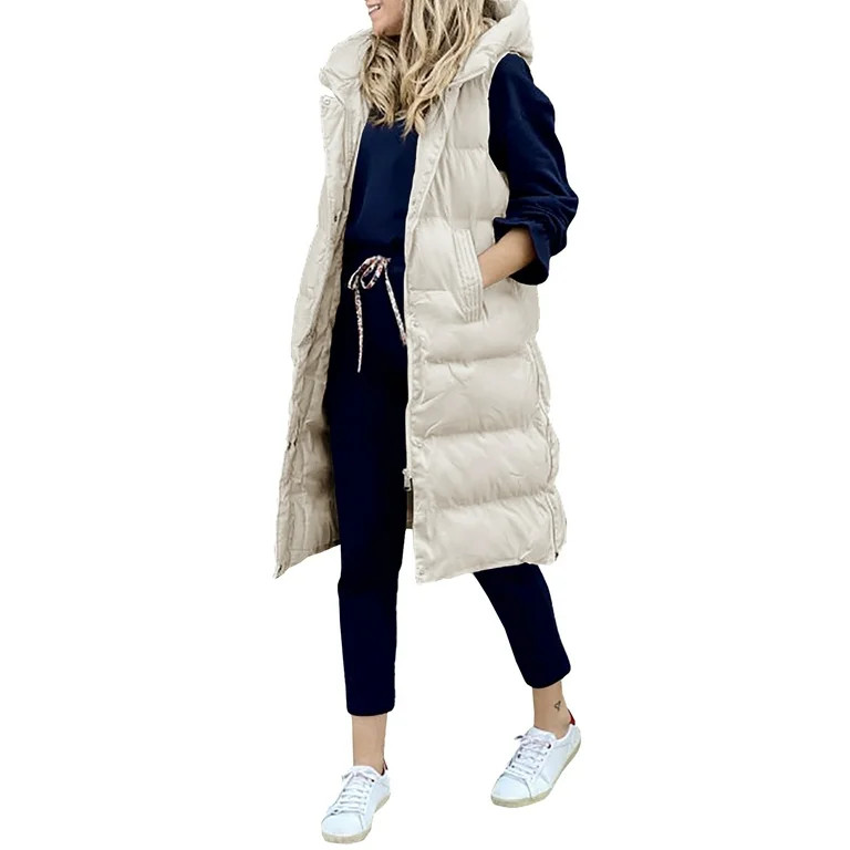 FOCUSNORM Women Long Puffer Vest Quilted Faux Down Vest Sleeveless Hooded Puffer Jackets Winter W... | Walmart (US)