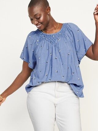 Flutter-Sleeve Smocked Floral-Embroidered Chambray Swing Blouse for Women | Old Navy (US)