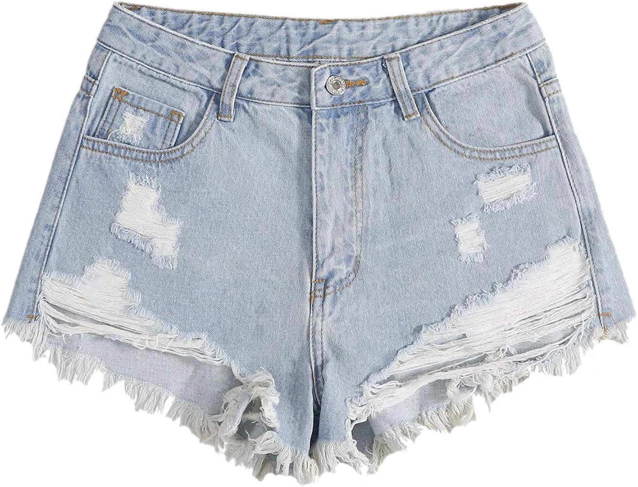 WDIRARA Women's Raw Hem Ripped Button Front Wide Leg Denim Jeans Casual Solid Shorts | Amazon (US)