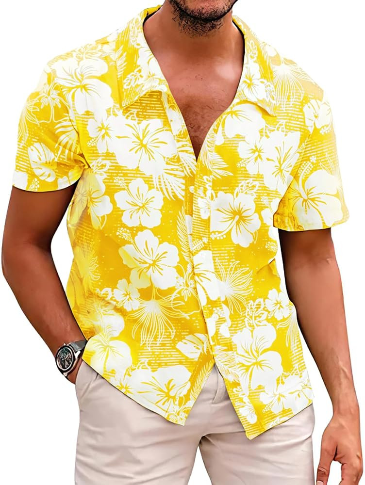 Men's Novelty Hawaiian Floral Shirt Summer Casual Button Down Tropical Holiday Beach Shirts | Amazon (US)