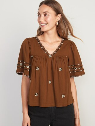 Floral-Embroidered V-Neck Bell-Sleeve Top for Women | Old Navy (US)