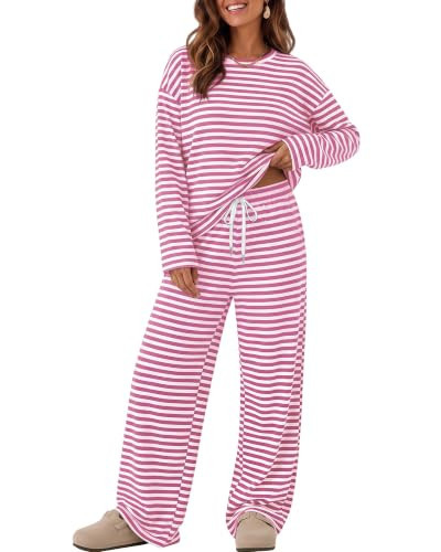 Huukeay Women's 2 Piece Striped Pajamas Lounge Sets S Rose Pink White | Amazon (US)