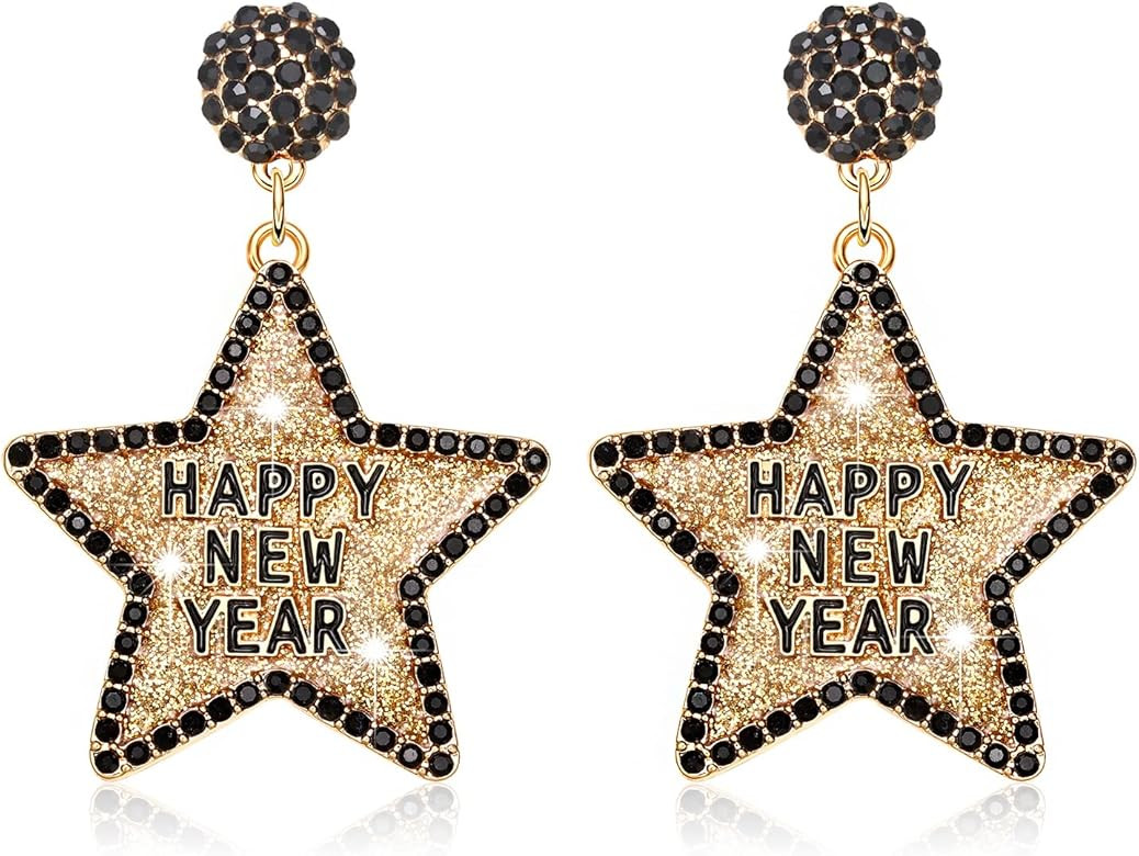 Happy New Year Earring for Women Glitter Rhinestone Star Dangle Earrings Holiday New Year’s Eve... | Amazon (US)