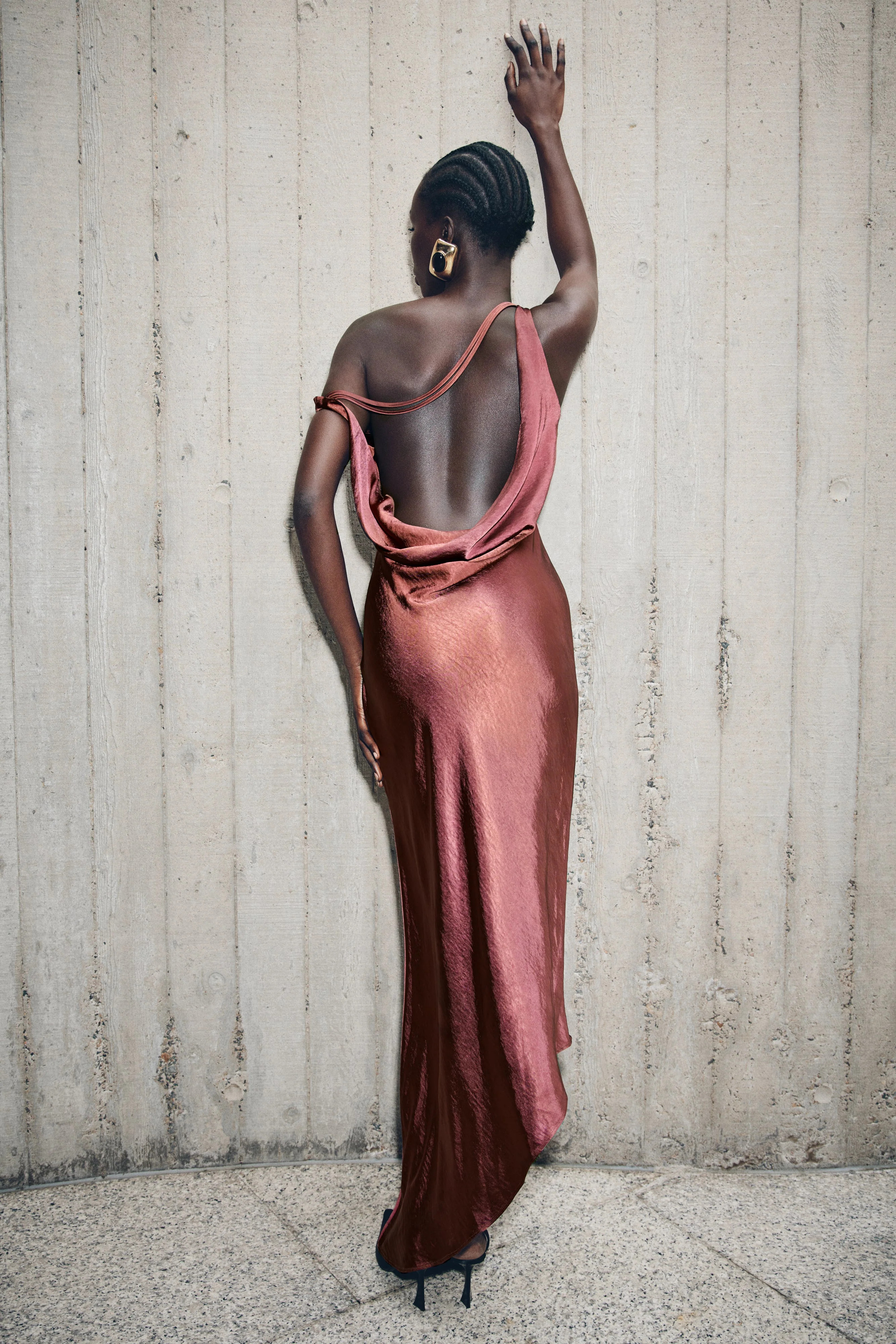 Yvette Slip Maxi Dress With Asymmetrical Hem - Brown Cherry | MESHKI US