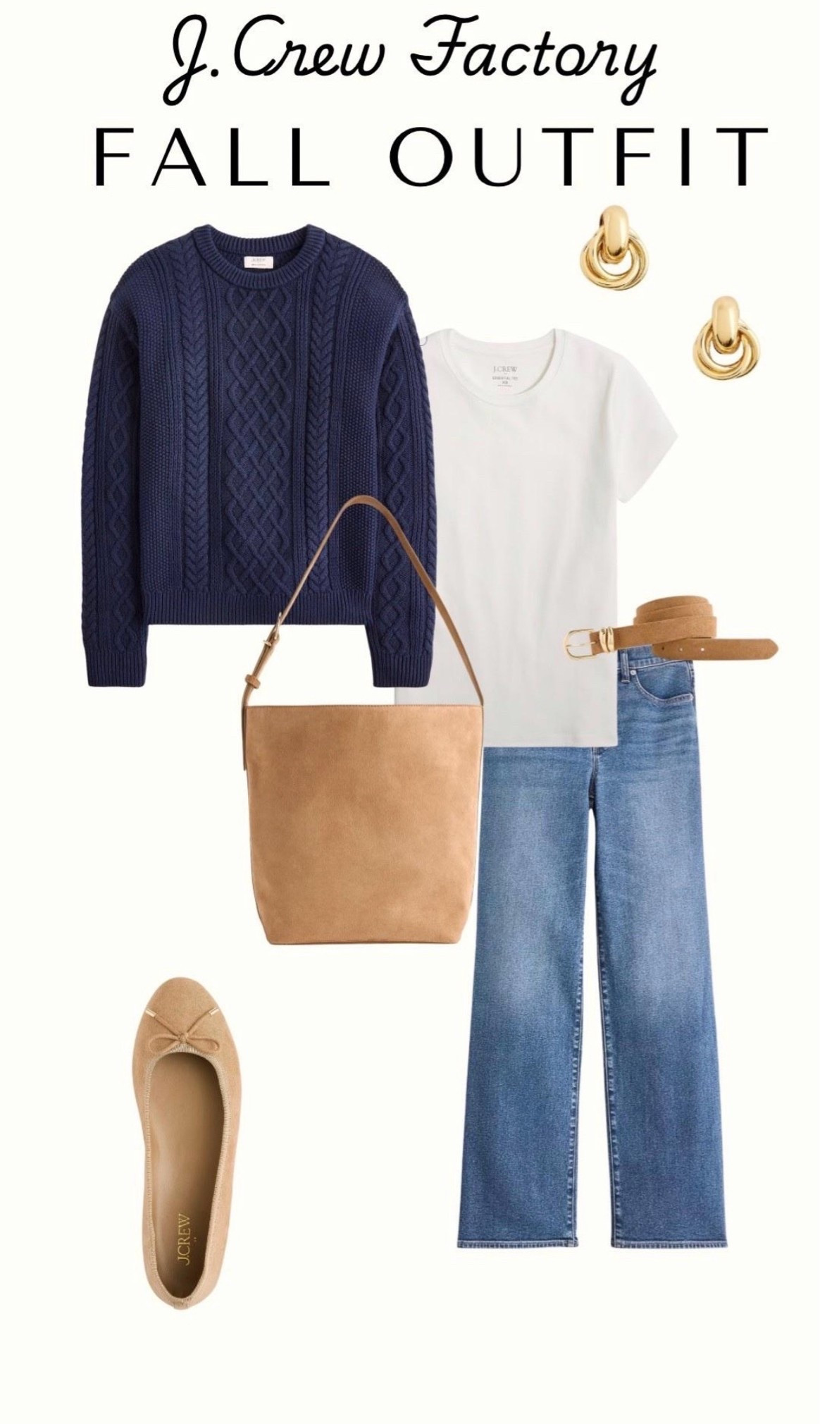 J.Crew Factory fall outfit, fall style, wide leg denim, cute belt for fall, beautiful ballet slippers, cable knit sweater, basic white tee, fall earrings

#LTKdayinmylife #LTKgrwm #LTKNYFW
