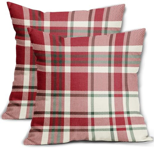 Christmas Plaid Pillow Covers 24x24 Set of 2 Red Green Cream Buffalo Checkered Decorative Tartan Pillowcases Xmas Winter Holiday Outdoor Rustic Farmhouse Throw Cushion Case Decor for Couch Sofa Bed | Amazon (US)