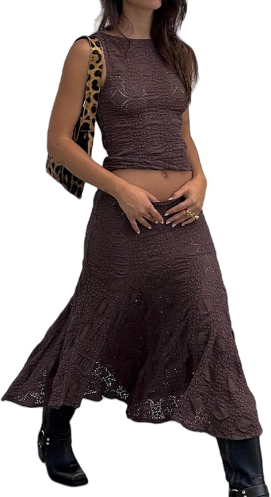 Two Piece Skirt Set for Women Sleeveless Floral Print Lace Tops Irregular Midi Skirt Trendy Summe... | Amazon (US)