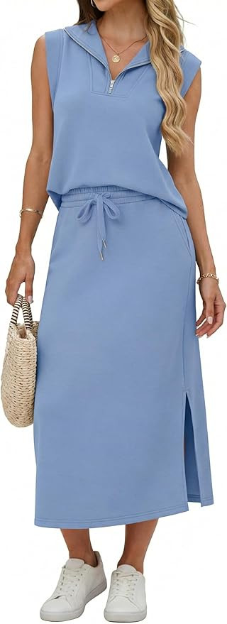 Lepunuo Women Skirt Sets 2 Piece Outfits Casual Half Zip Lapel Cap Sleeve Tops Split Maxi Skirt A... | Amazon (US)