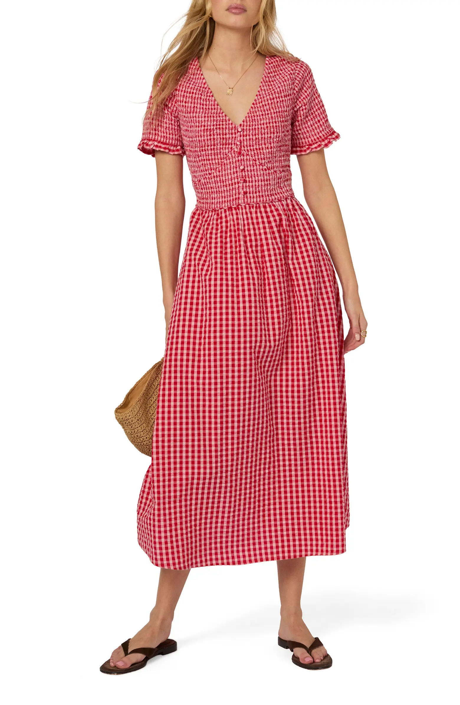 Eliza Gingham Smocked Bodice Organic Cotton Seersucker Midi Dress | Nordstrom