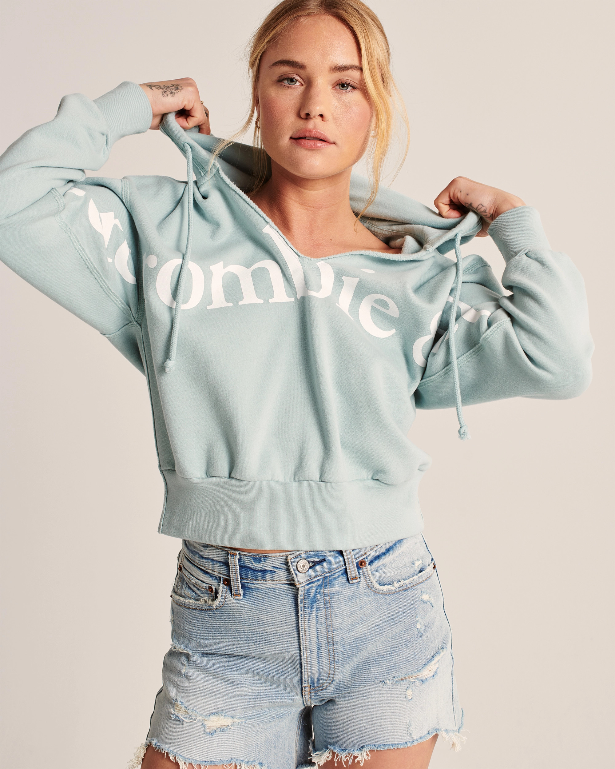 Women's Split-Neck Logo Hoodie | Women's Clearance | Abercrombie.com | Abercrombie & Fitch (US)