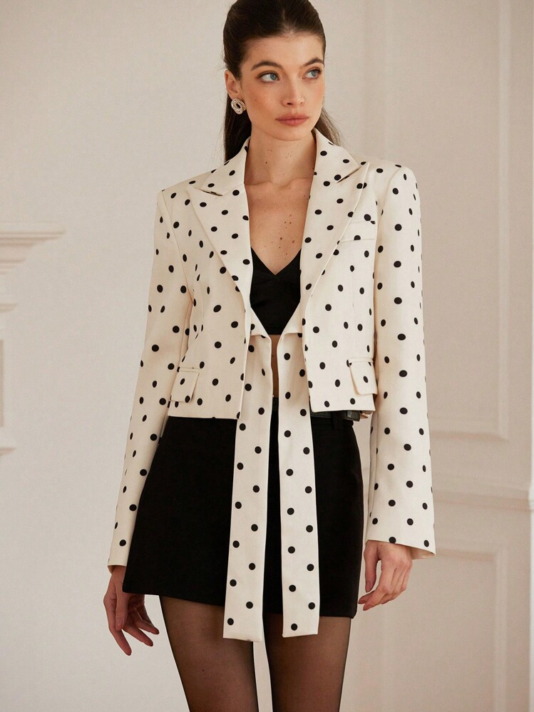 Aveloria Rosie French Design Classic Polka Dot Print Tie Front Cropped Blazer Fall Cloth For Women | SHEIN