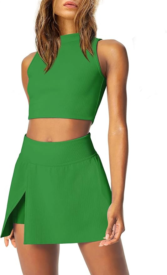 SENSERISE Womens 2 Piece Workout Sets Ribbed Mock Neck Tops Tennis Skirts with Shorts Pockets Yog... | Amazon (US)