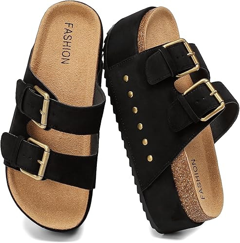 YorFotMae Women's Platform Sandals Cork Footbed Slides with Double Buckles | Amazon (US)