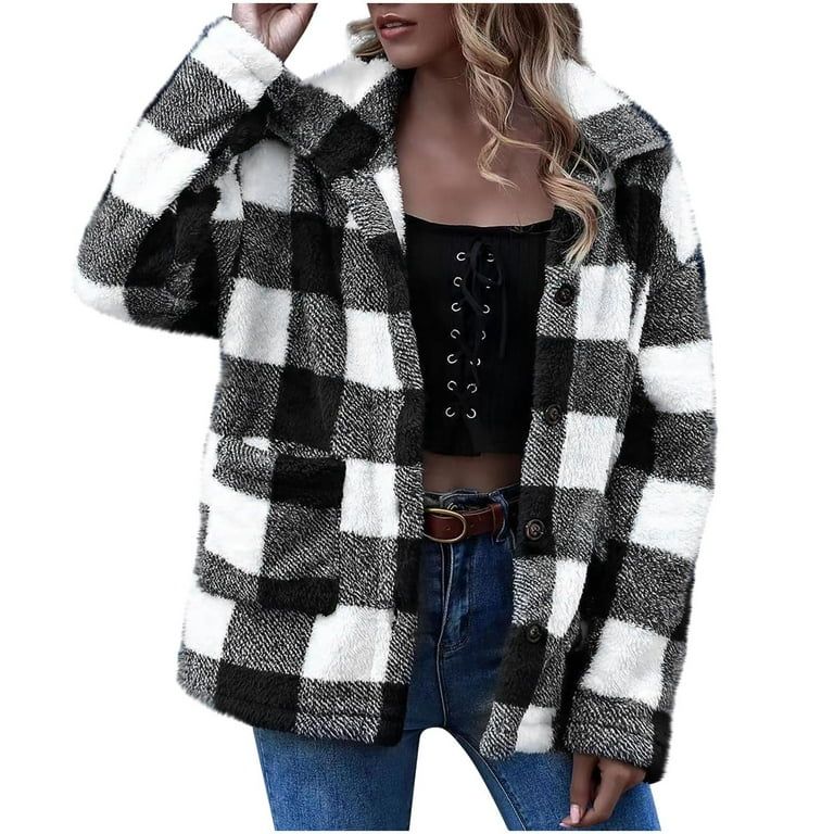 Womens Sherpa Fleece Plaid Jacket Button Down Jacket Long Sleeve Lapel Collar Shacket with Pocket... | Walmart (US)