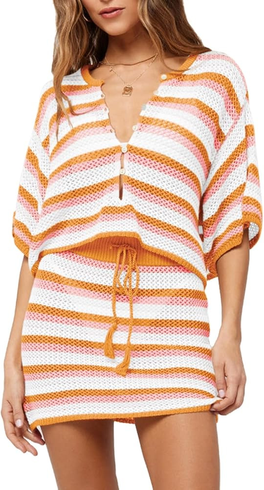 Pink Queen 2 Piece Crochet Swimsuit Cover Ups for Women Hollow Out Knitted Bathing Suit Coverup B... | Amazon (US)