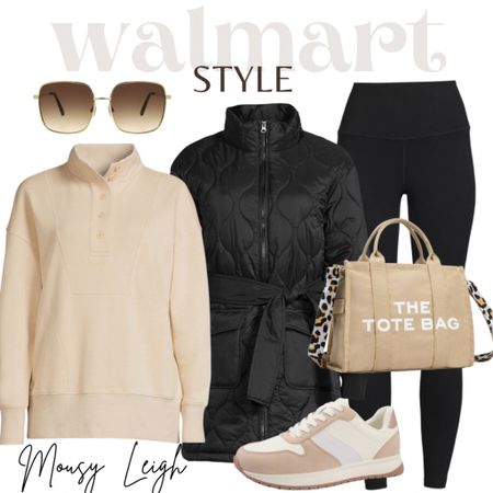 Neutral casual outfit from Walmart.

Tan, khaki, black, jogger sneakers, tote bag, leopard print, sunglasses, comfy, cozy, fall outfit idea, lounge wear, ootd, leggings, sweatshirt, tunic jacket, quilted coat belted 

#LTKover40 #LTKstyletip #LTKunder50