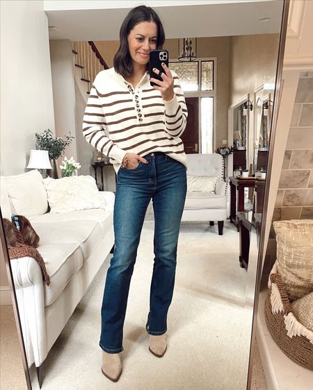 Thanksgiving outfit - striped sweater (true to size), Walmart jeans (true to size), boots (size up) 

#LTKstyletip #LTKHoliday #LTKSeasonal