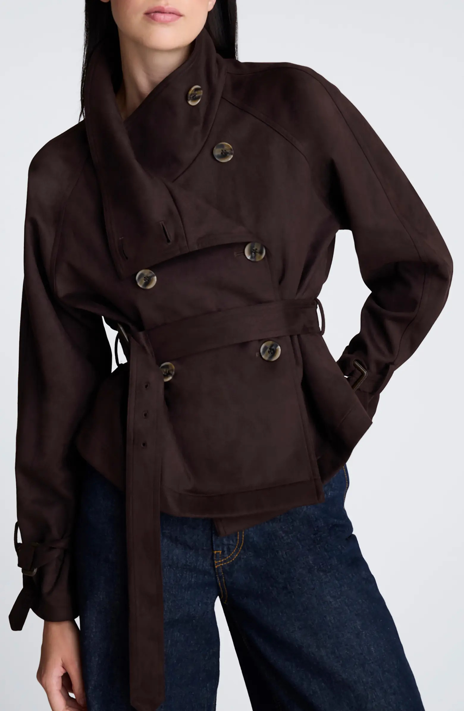 Faux Suede Crop Belted Trench Coat | Nordstrom