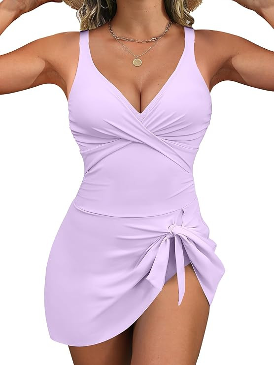 ANRABESS Women One Piece Swimsuit Tummy Control Bathing Suits V Neck Tie Knot Slim Swim Dress 202... | Amazon (US)