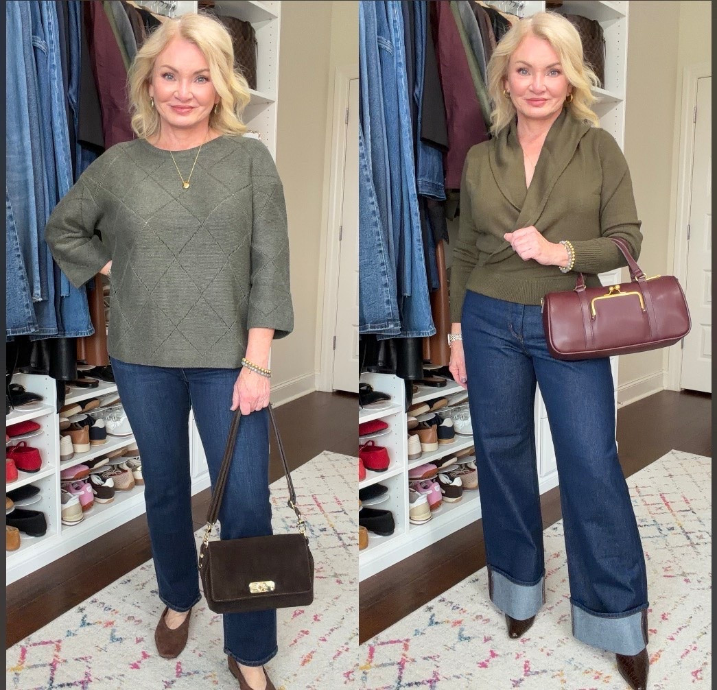 Great sweater & dark wash jeans. Same outfit, but WOW, what a difference! On the left, my figure is obscured and I appear to be the size of the sweater. The slim leg jeans & ballet flats are comfortable but do nothing to elongate my look. And the length of the sweater basically cuts me in half visually.
Sweater in the right is shorter and highlights my waist.  It’s more fitted so you can actually see where my body is. The full-length wide leg jeans and pointed toe boots make my legs appear so much longer. And the v-neckline if the sweater is visually slimming and opens up my face more. 
I’m 5’2” and these pictures were made on the same day. But I look 10-15 lbs smaller and 4-5 inches taller on the right.

#LTKootd #LTKOver40 #LTKPetite