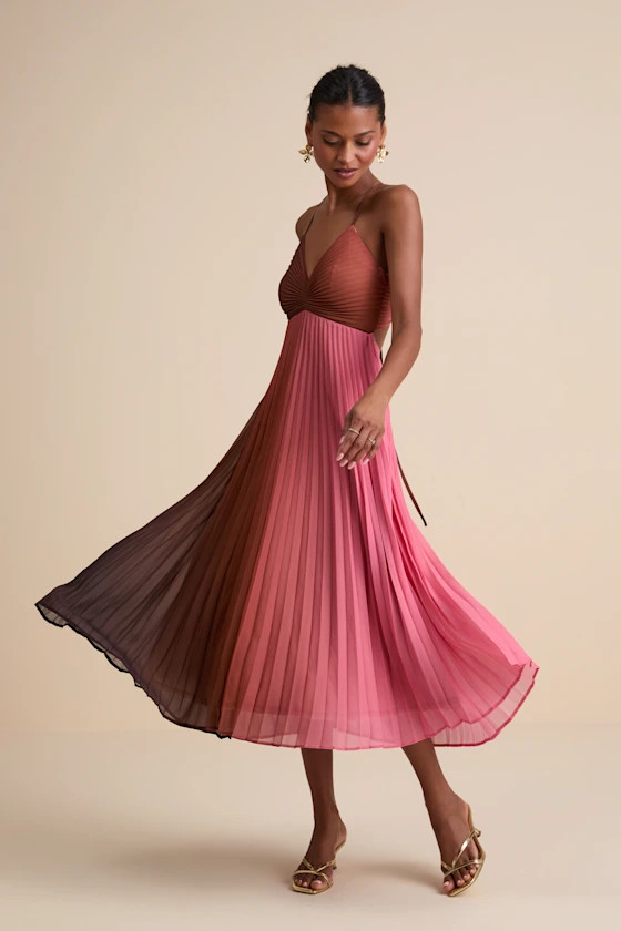 Belisse Rust Ombre Pleated Lace-Up Midi Dress | Lulus