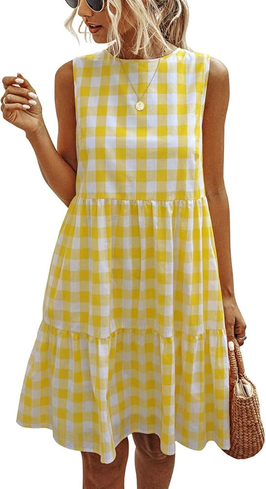 PRETTYGARDEN Women's Casual Plaid Sleeveless Ruffle Sundress Round Neck A-Line Pleated Mini Short T  | Amazon (US)