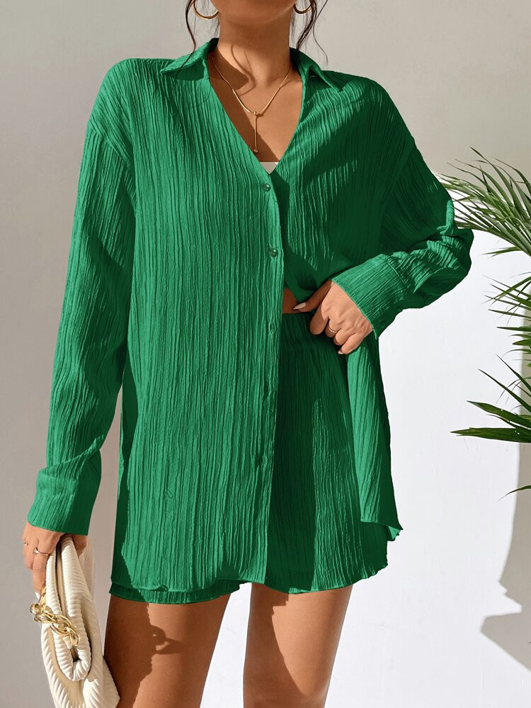 Drop Shoulder Button Front Shirt & Shorts | SHEIN