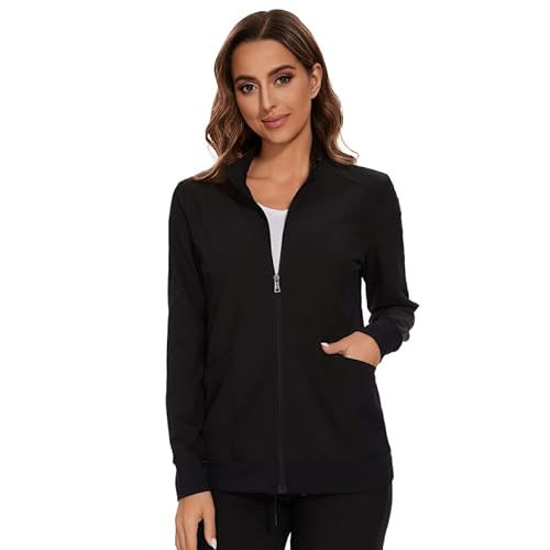 COZYFIT Scrub Jackets for Woman, Zip Front Nurse Jacket, 4-Way Stretch Fabric - Black, M | Amazon (US)