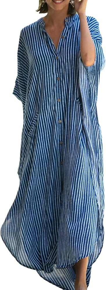 Chunoy Womens Button Down V Neck Kimono Sleeve Long Kaftan Beachwear Cover Up Maxi Dress | Amazon (US)