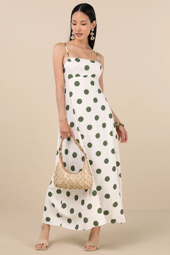 Norette Cream and Olive Polka Dot Tie-Back Midi Dress | Lulus