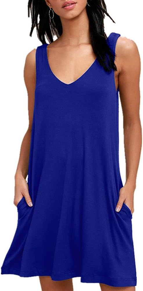 BISHUIGE Women Summer Casual V Neck T Shirt Dresses Beach Cover up Plain Tank Dress | Amazon (US)