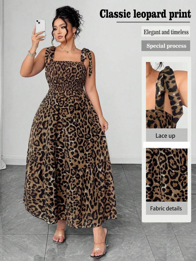 Elenzga Plus Size Women Leopard Print Tie-Up Bow Decor Waist Ruffle Hem Long Casual Vacation Dress, Spring/Summer | SHEIN