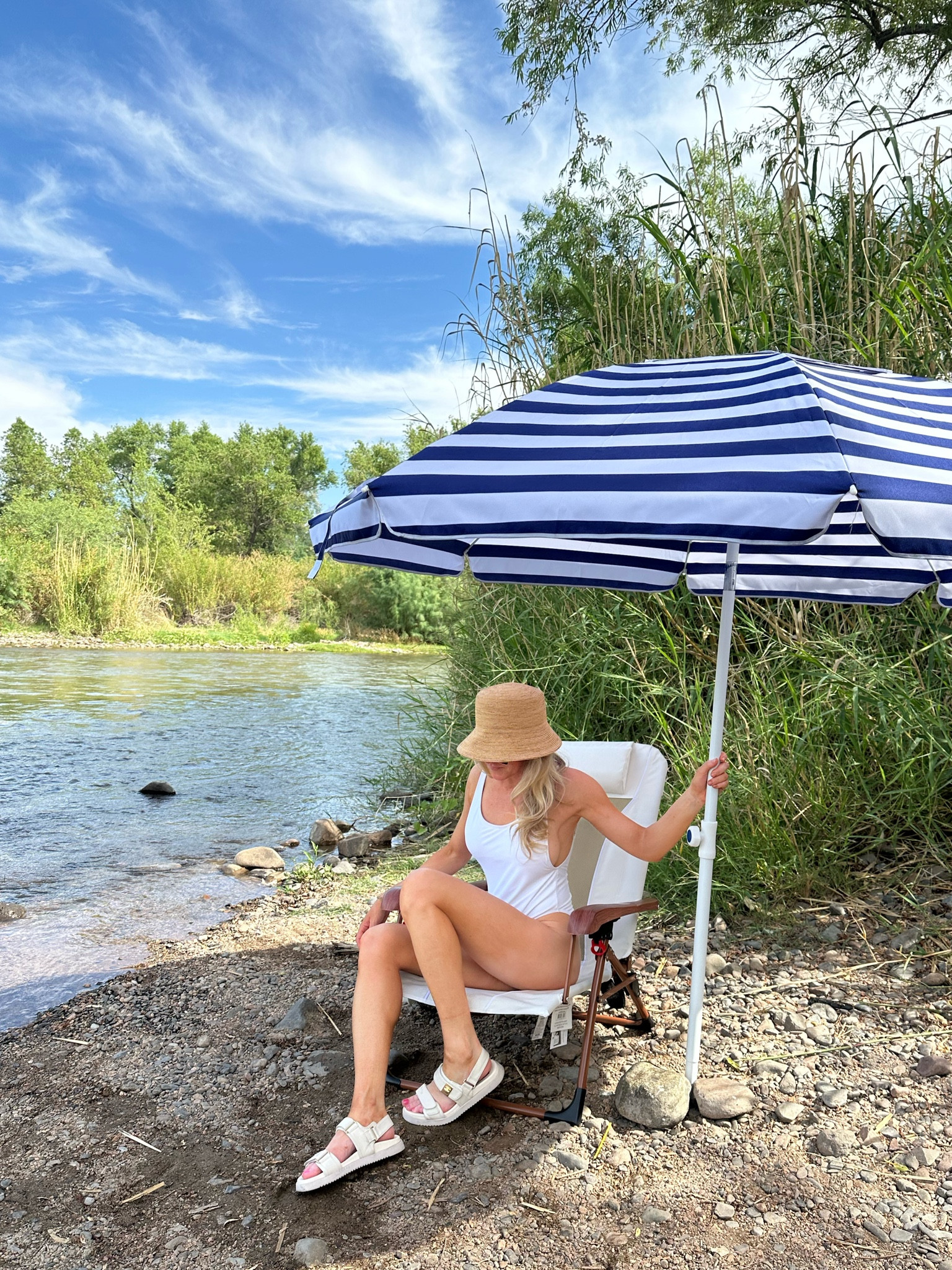 Day in the sun essentials!! Swimsuit, sandals, beach umbrella, and foldable backpack beach chair (on sale)! 

#LTKSwim #LTKTravel