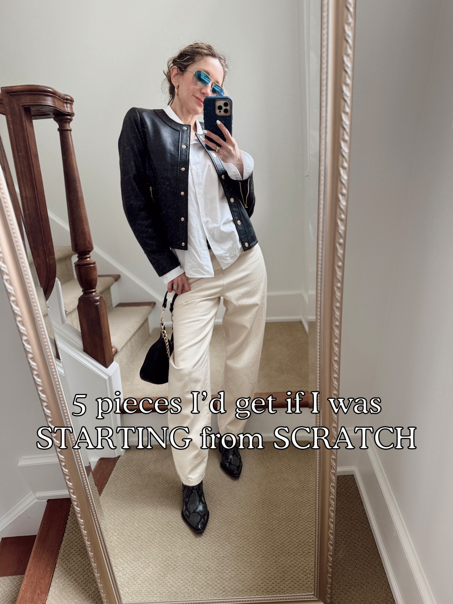5 spring wardrobe essentials that will elevate your entire closet, by @saintandsofia 🖤

1) light barrel jeans- modern and scream spring, also super comfortable!

2) white button down- the quintessential 
piece you can wear with any bottom😍

3) trendy get classic belt- add a statement belt to look polished✅

4) snakeskin ankle boots- this elegant animal print is unexpected and goes with everything 👌

5) leather jacket- love this tailored cropped cut for the perfect 3rd layer🖤

6) shoulder bag- the “it bag” of spring,
90’s coded with gorgeous gold chain and leather strap! 😍