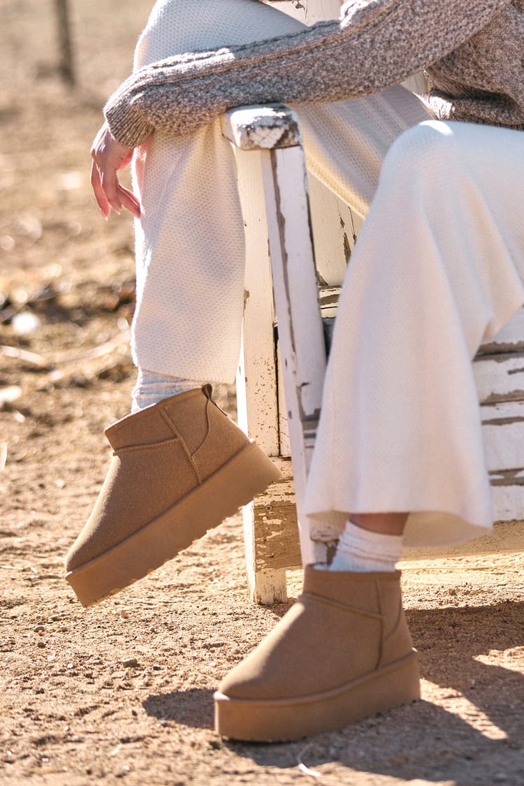 Priella Chestnut Suede Faux Fur-Lined Platform Ankle Booties | Lulus (US)
