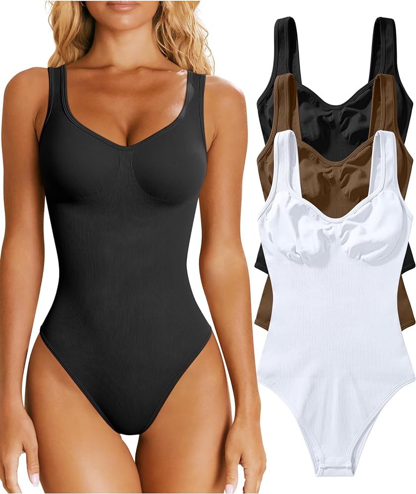 OQQ Women's 3 Piece Bodysuits Sexy Ribbed Sleeveless Shapewear Tank Tops Bodysuits | Amazon (US)