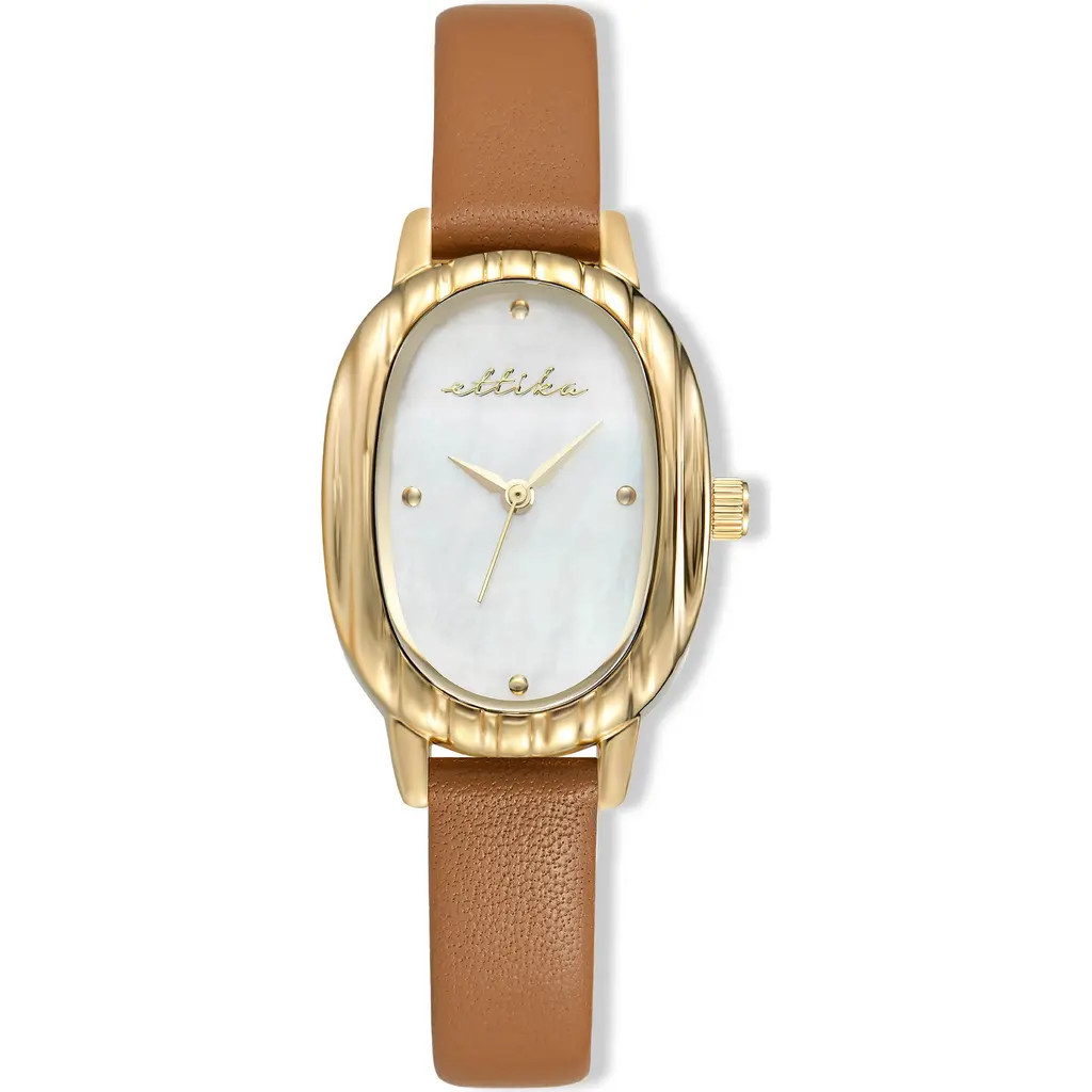 Ettika Mother-of-Pearl Oval Leather Strap Watch in Cognac at Nordstrom | Nordstrom