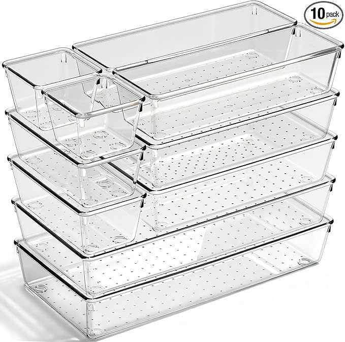 Drawer Organizer, 10 Pack Large Clear Plastic Organizer Bins 5 Sizes, Versatile Bathroom Drawer T... | Amazon (US)