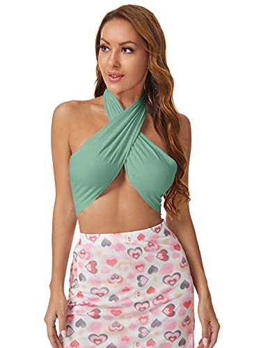 Verdusa Women's Sexy Sleeveless Halter Criss Cross Self Tie Backless Crop Top Mint Green XS | Amazon (US)
