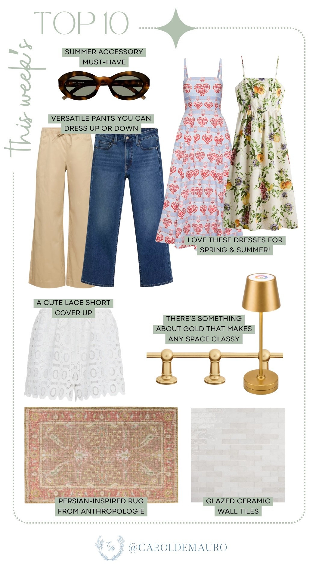 This week's top ten has everything you need for the ultimate spring and summer style refresh — think tortoise sunglasses, versatile pants and jeans, two gorgeous midi dresses, and a cute lace short cover-up. And don't overlook these home picks: classy gold accents, a Persian-inspired Anthropologie rug, and stunning glazed ceramic wall tiles.

bestsellers, summer dresses, fashion accessories, everyday staple, bathroom accessories, home accent, vintage rug, home renovation

#LTKHome #LTKSaleAlert #LTKootd