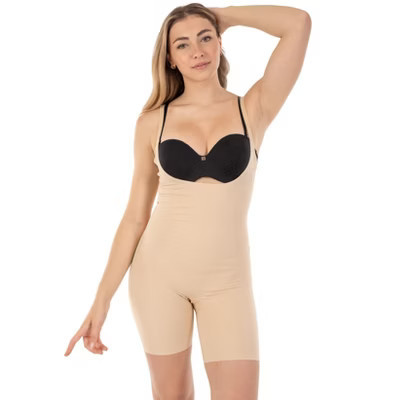 Body Beautiful Shapewear Open Bust Bodysuit Shaper with Targeted Front Panel and Long Boy Leg Nylon Beige X Large | Target