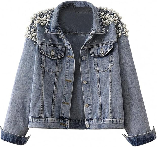 CYSTYLE Damen Jeansjacke mit Perlen Kurz Denim Jacke Tops | Amazon (DE)